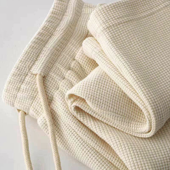 Men's Vintage Waffle Knit Beige Elastic Drawstring Board Surf Shorts-Unitsen