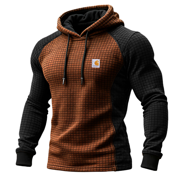 Men's Vintage Quilted Waffle Plaid Brown And Black Hoodie-Unitsen