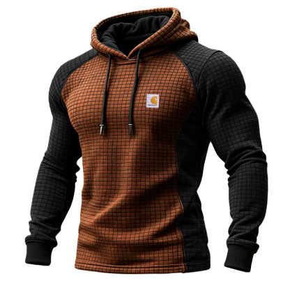 Men's Vintage Quilted Waffle Plaid Brown And Black Hoodie-Unitsen