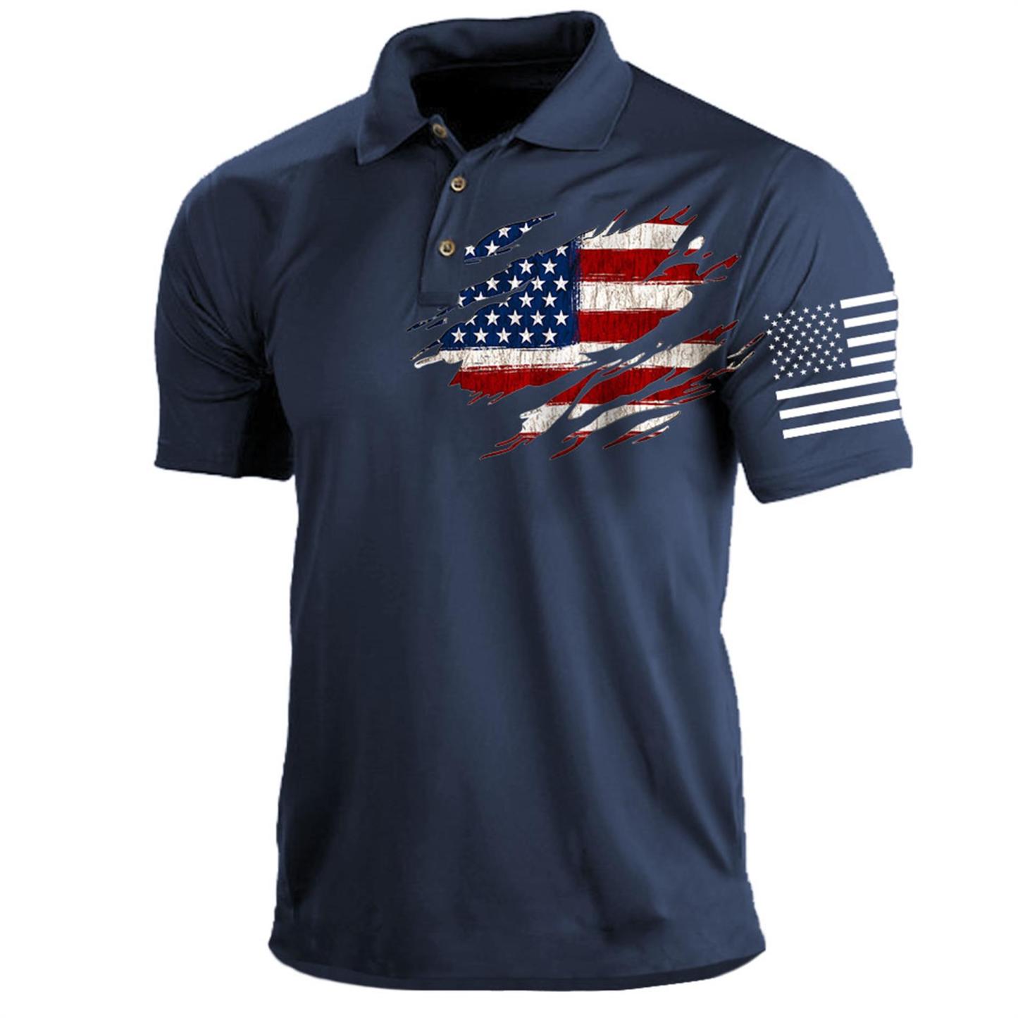 Men's T-Shirt Polo Vintage American Flag Independence Day Short Sleeve Outdoor Summer Daily Top Navy Blue Black Khaki-Unitsen