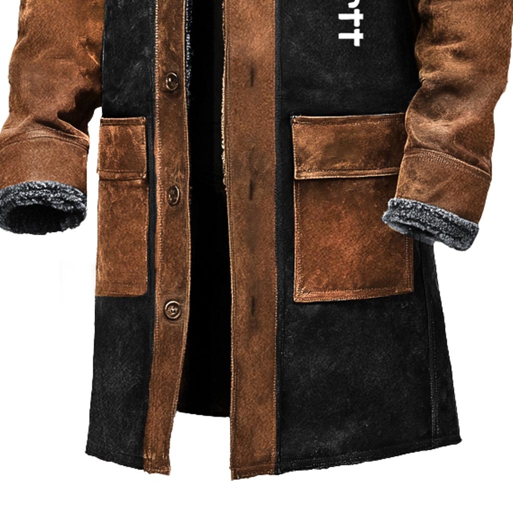 Men's Vintage Suede Brown And Black Contrast Fleece Lapel Collar Long Shearling Jacket-Unitsen