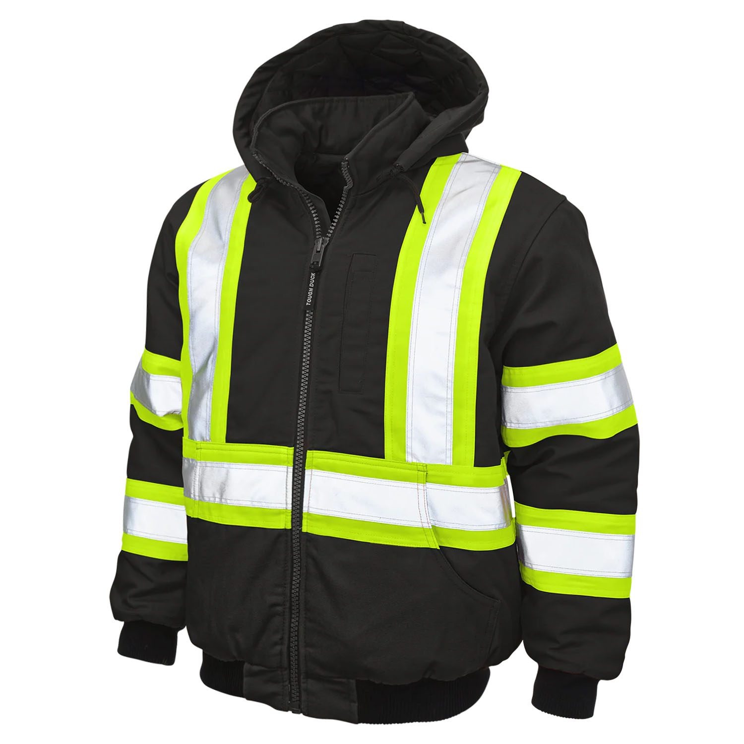 Men's Black Work Tough Duck Safety Bomber Stand Collar Hooded Jacket