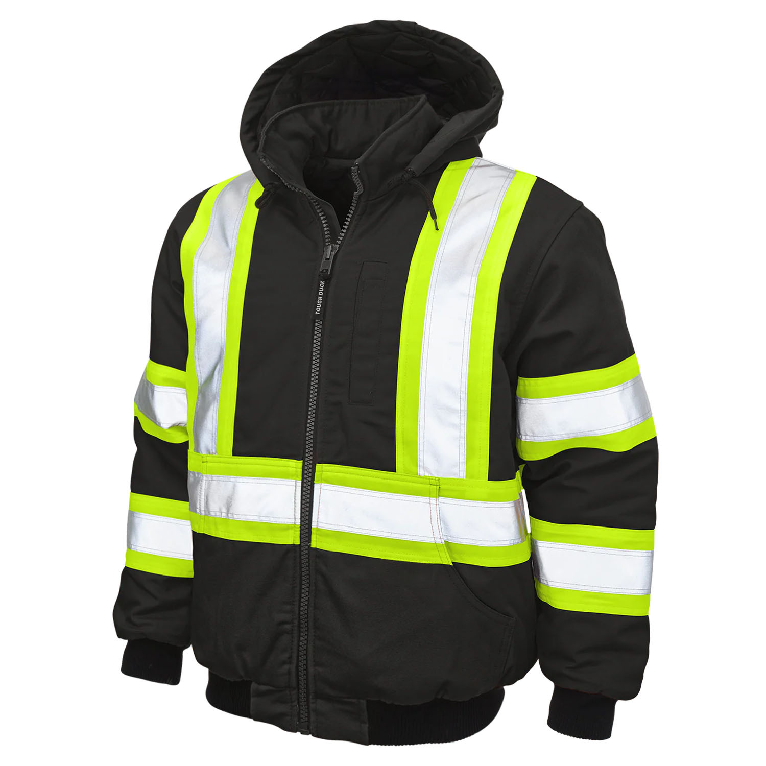 Men's Black Work Tough Duck Safety Bomber Stand Collar Hooded Jacket