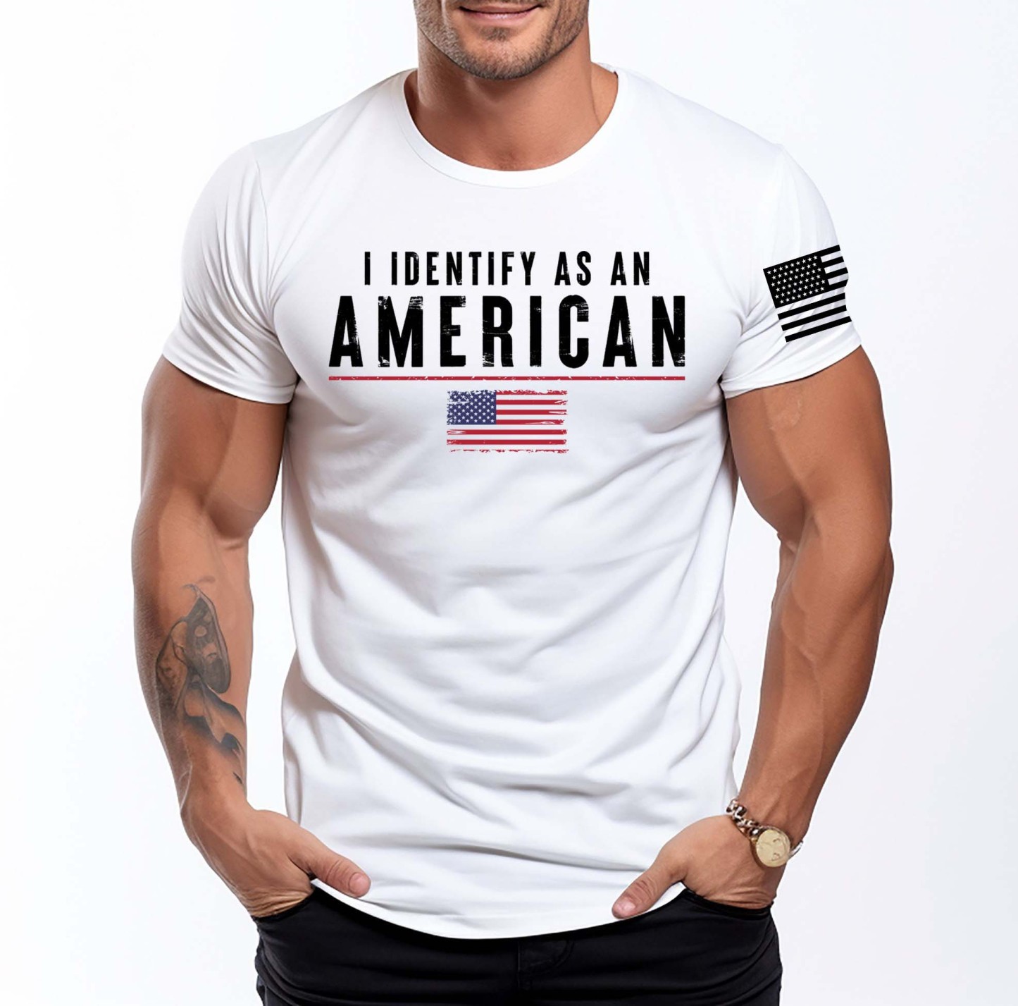 Men's Vintage I Identify As An American Patriotic Print Daily Short Sleeve Crew Neck T-Shirt-Unitsen