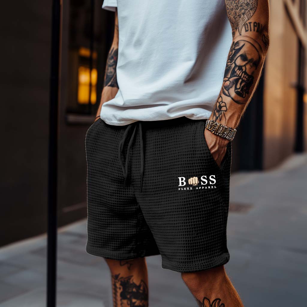 Men's Vintage Waffle Knit Beige Elastic Drawstring Board Surf Shorts-Unitsen