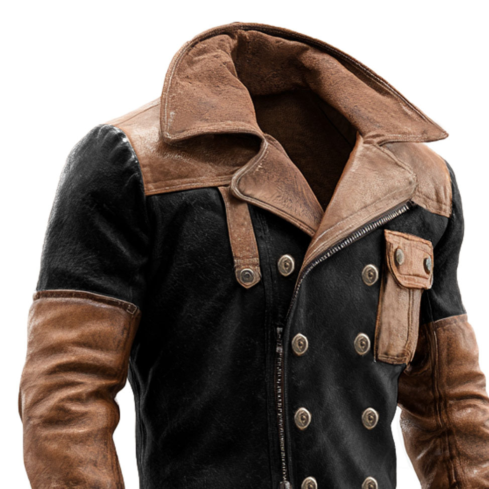 Men's Vintage Black And Brown Leather Contrast Double-Breasted Lapel Coat-Unitsen
