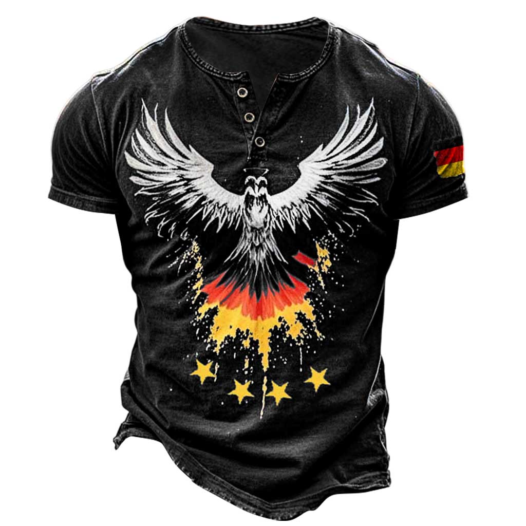 Men's Vintage German Flag Eagle Wings Print Henley Collar Short Sleeve T-Shirt-Unitsen