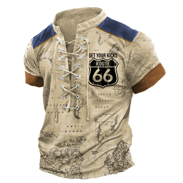 Men's Vintage World Map Route 66 Lace-Up Stand Collar T-Shirt-Unitsen