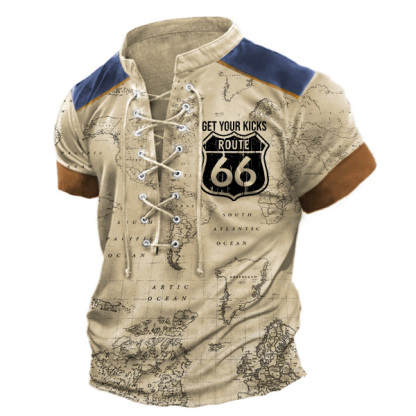 Men's Vintage World Map Route 66 Lace-Up Stand Collar T-Shirt-Unitsen