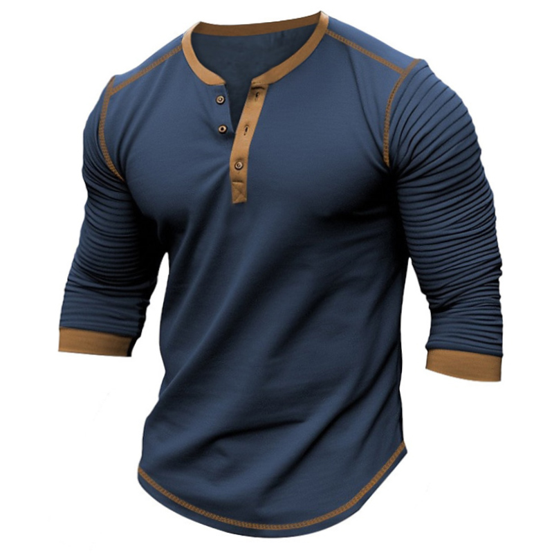 Men's Vintage Outdoor Contrast Color Pleated Long Sleeve Henley T-shirt-Unitsen