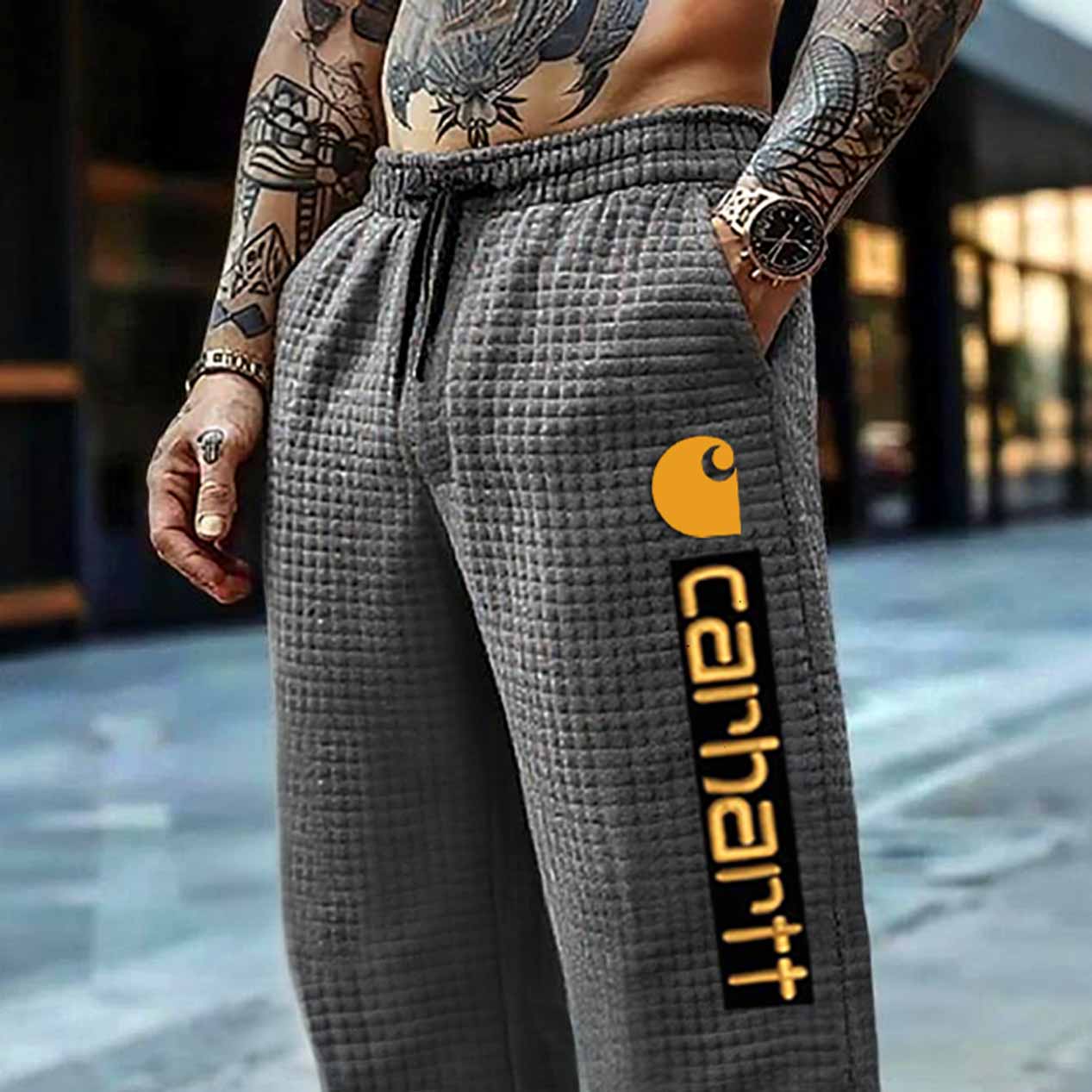 Men's Vintage Dark Gray Plaid Quilted Waffle Pants-Unitsen