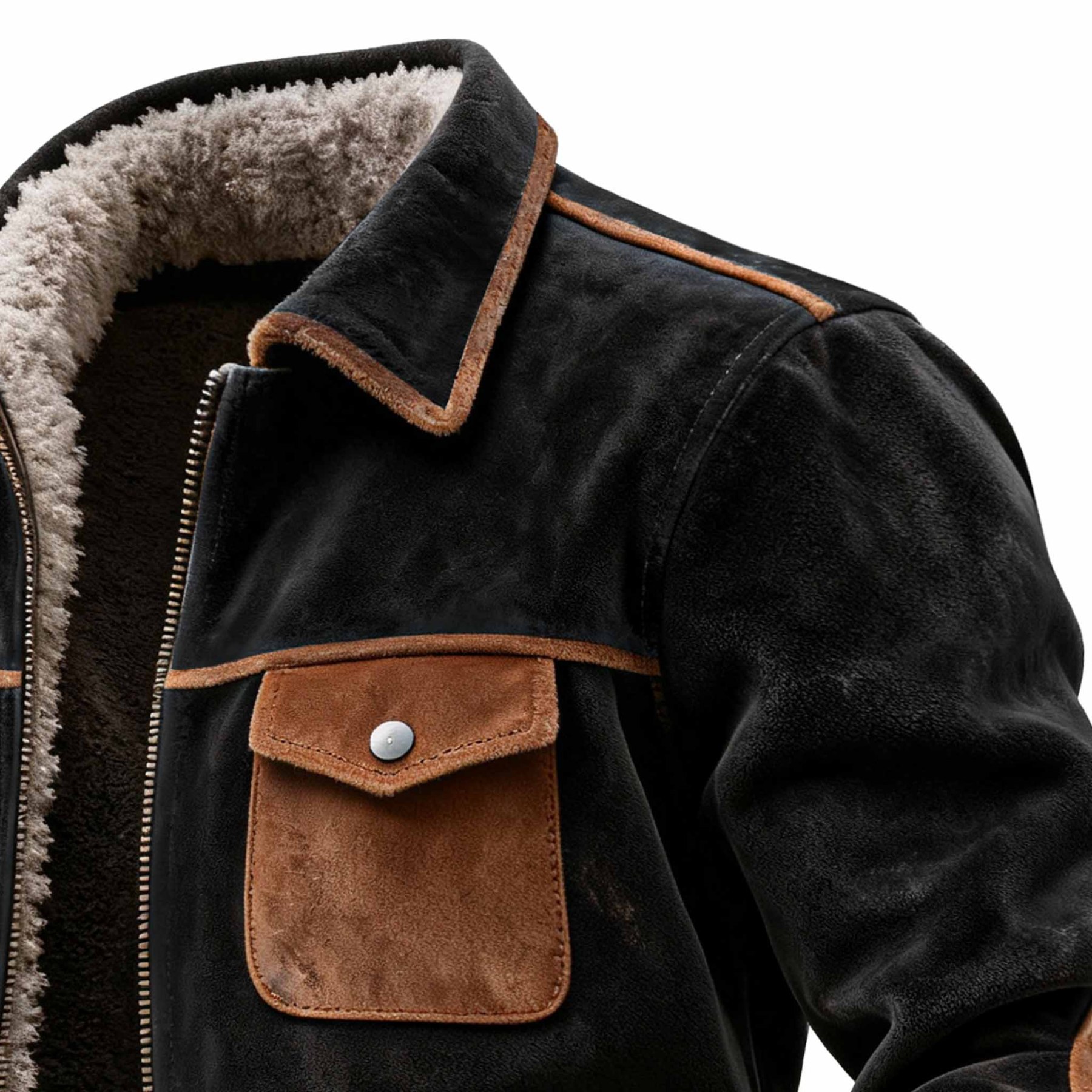 Men's Vintage Black Suede Contrast Pocket Fleece Jacket-Unitsen