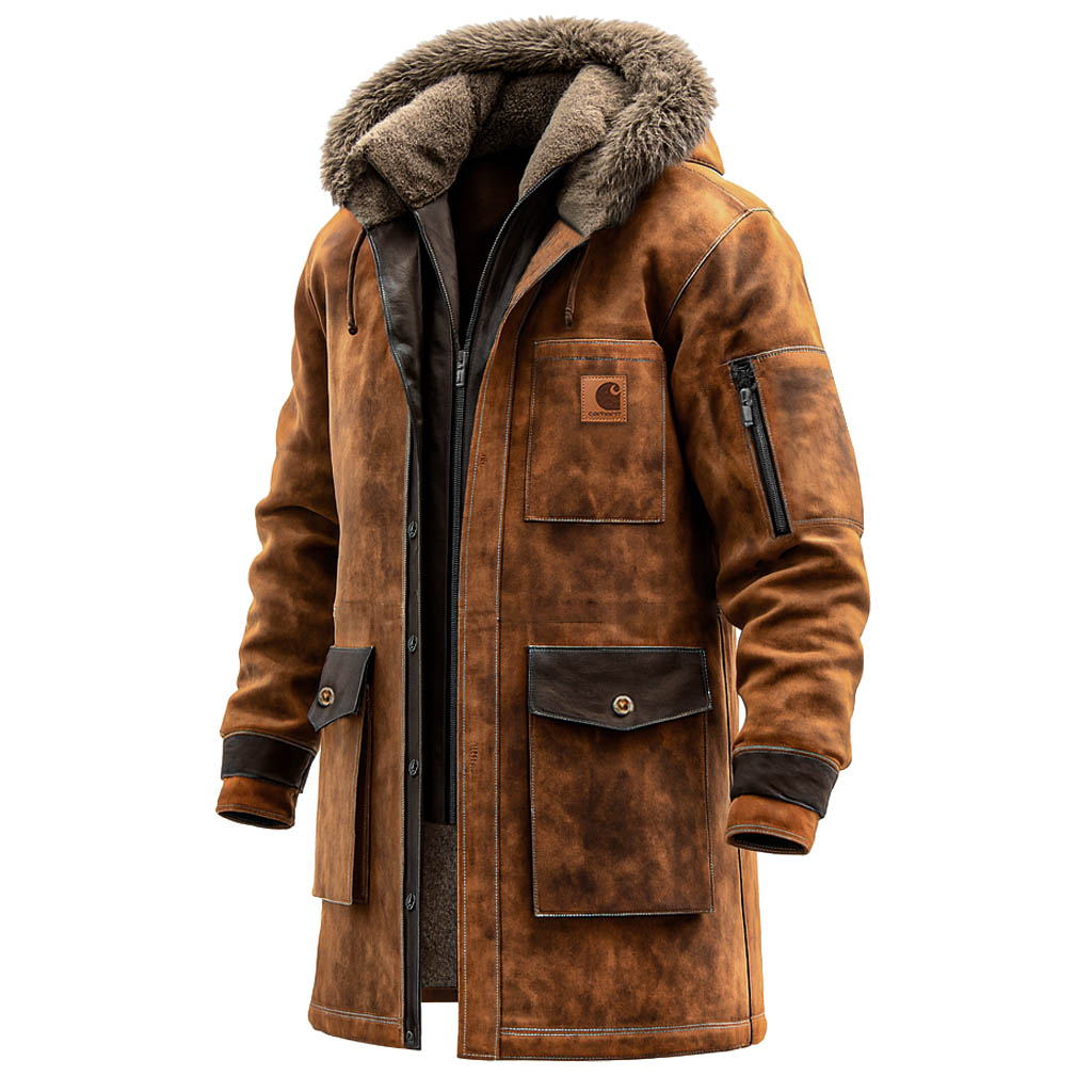 Carhartt Men's Vintage Brown Suede Fleece Double-Collar Hooded Jacket Coat-Unitsen