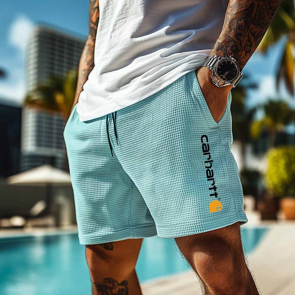 Carhartt Men's Vintage Waffle Knit Surf Light Blue Elastic Drawstring Walkshort Shorts-Unitsen