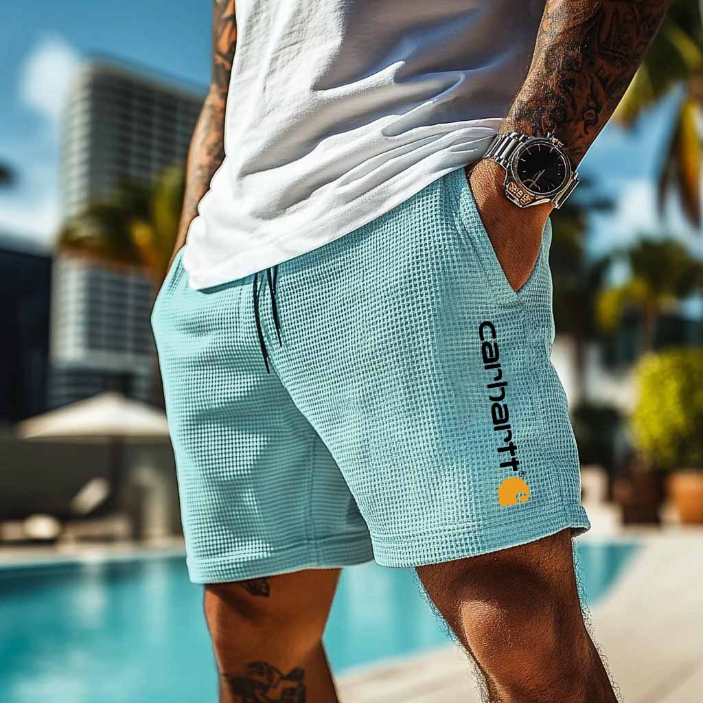 Carhartt Men's Vintage Waffle Knit Surf Light Blue Elastic Drawstring Walkshort Shorts-Unitsen