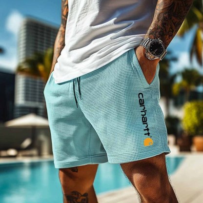 Carhartt Men's Vintage Waffle Knit Surf Light Blue Elastic Drawstring Walkshort Shorts-Unitsen