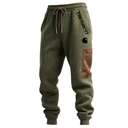 Men's Vintage Army Green Stitching Brown Suede Pocket Hoodie And Sweatpants Jogger Set-Unitsen