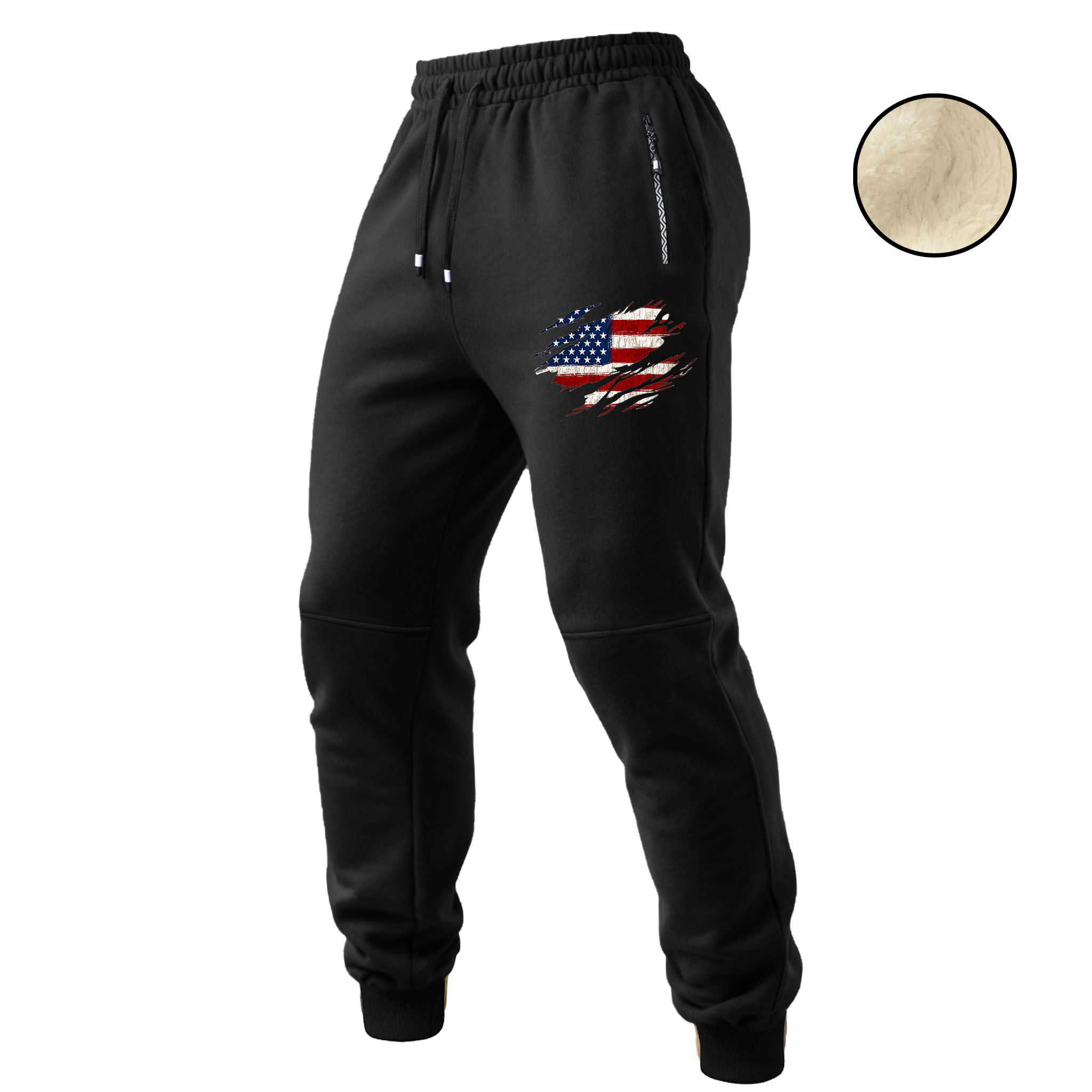 Men's Vintage American Flag Patriotic Fleece Zipper Pocket Elastic Drawstring Jogging Sweatpants