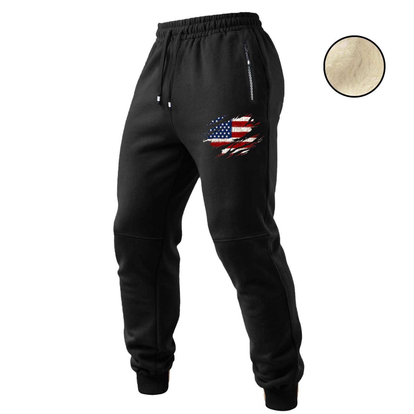 Men's Vintage American Flag Patriotic Fleece Zipper Pocket Elastic Drawstring Jogging Sweatpants