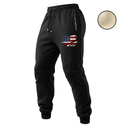 Men's Vintage American Flag Patriotic Fleece Zipper Pocket Elastic Drawstring Jogging Sweatpants