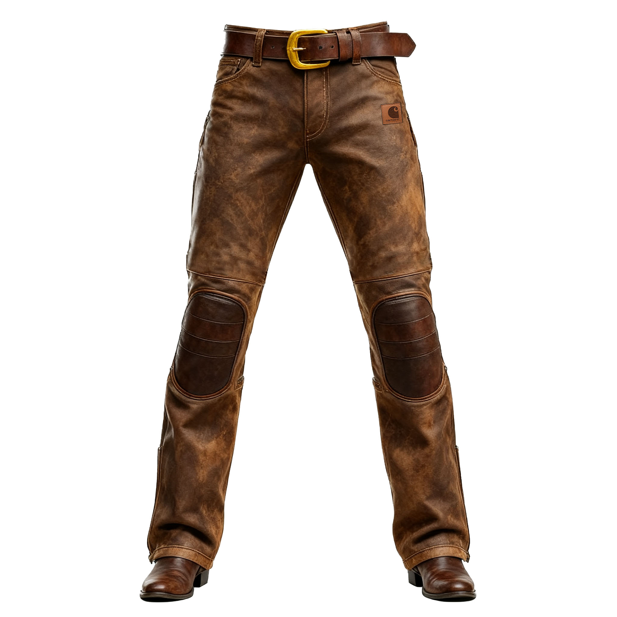 Men's Vintage Western Cowboy Brown Leather Knee Patches Work Pants-Unitsen