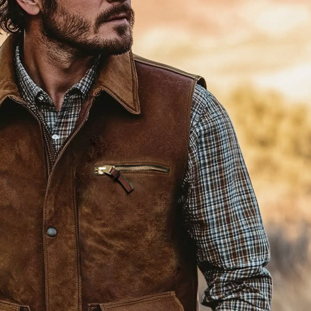 Men's Vintage Suede Multi-Pocket Outdoor Motorcycle Lapel Vest Jacket-Unitsen