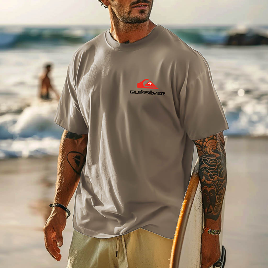 Quiksilver Men's Vintage Surfing Graphic Print Dark Gray Cotton Short Sleeve T-Shirt-Unitsen