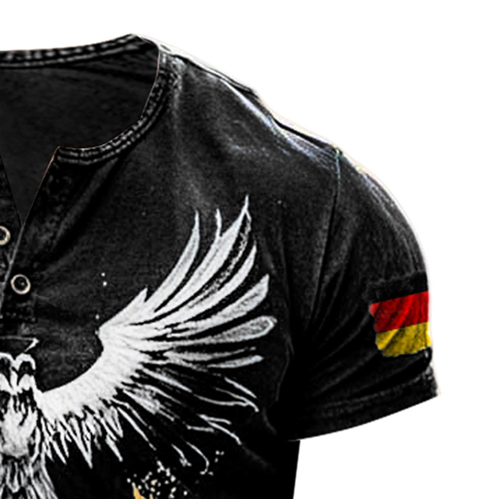 Men's Vintage German Flag Eagle Wings Print Henley Collar Short Sleeve T-Shirt-Unitsen