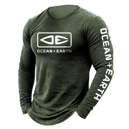 Men's Vintage Ocean Surfing Print Crewneck Long Sleeve T-Shirt-Unitsen