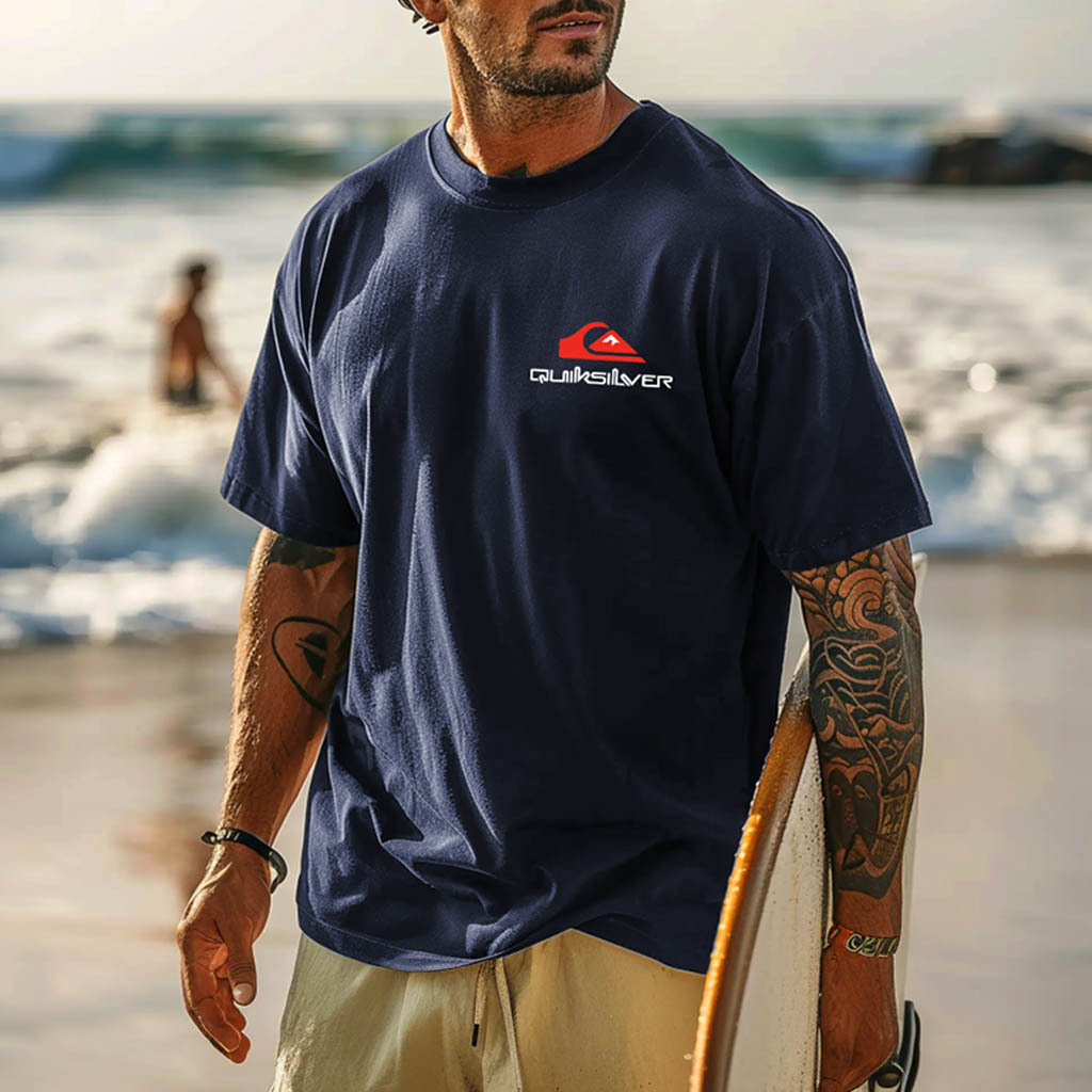 Quiksilver Men's Vintage Surfing Graphic Print Dark Gray Cotton Short Sleeve T-Shirt-Unitsen