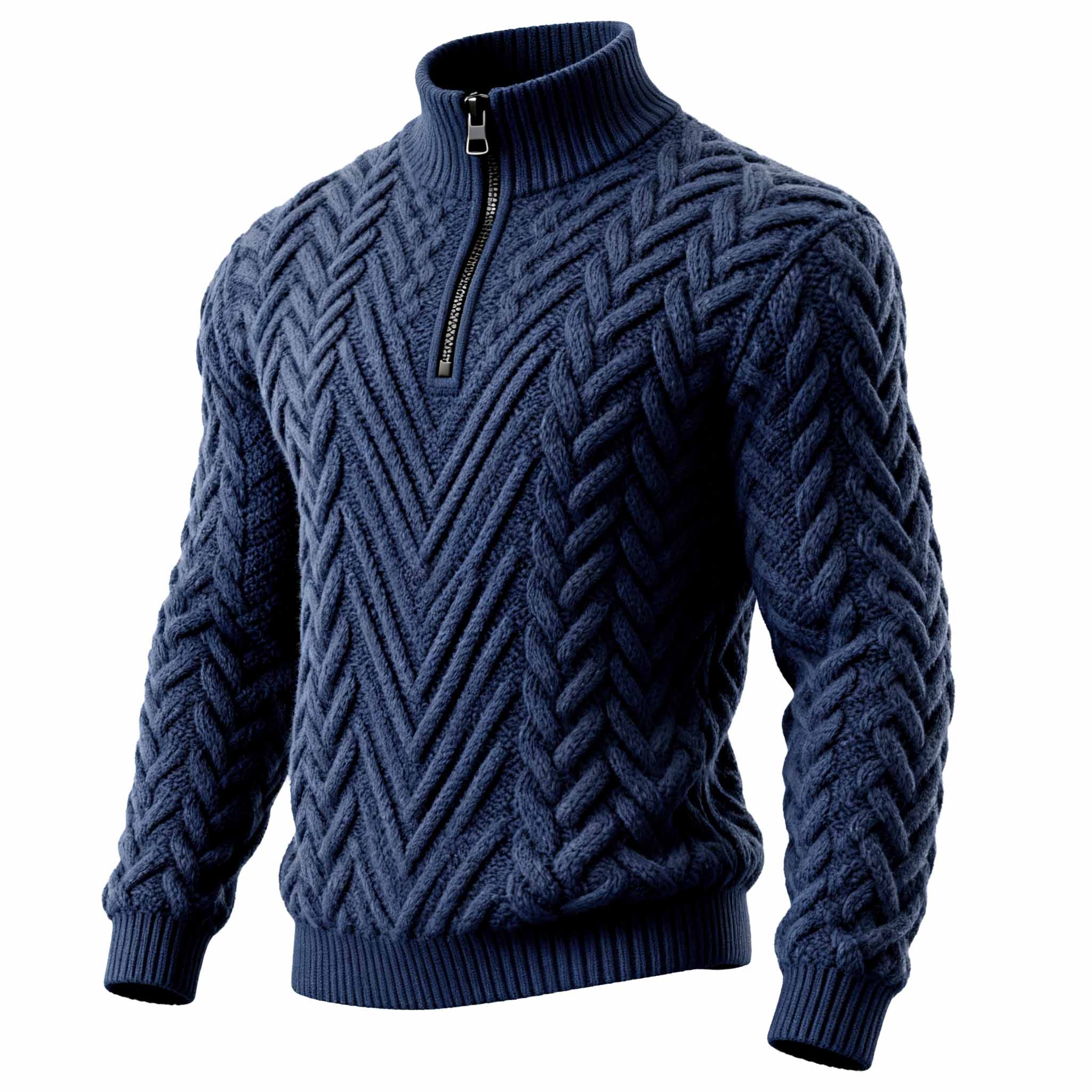 Men's Vintage Navy Blue Cable Knit Sweater With Half-Zipper-Unitsen