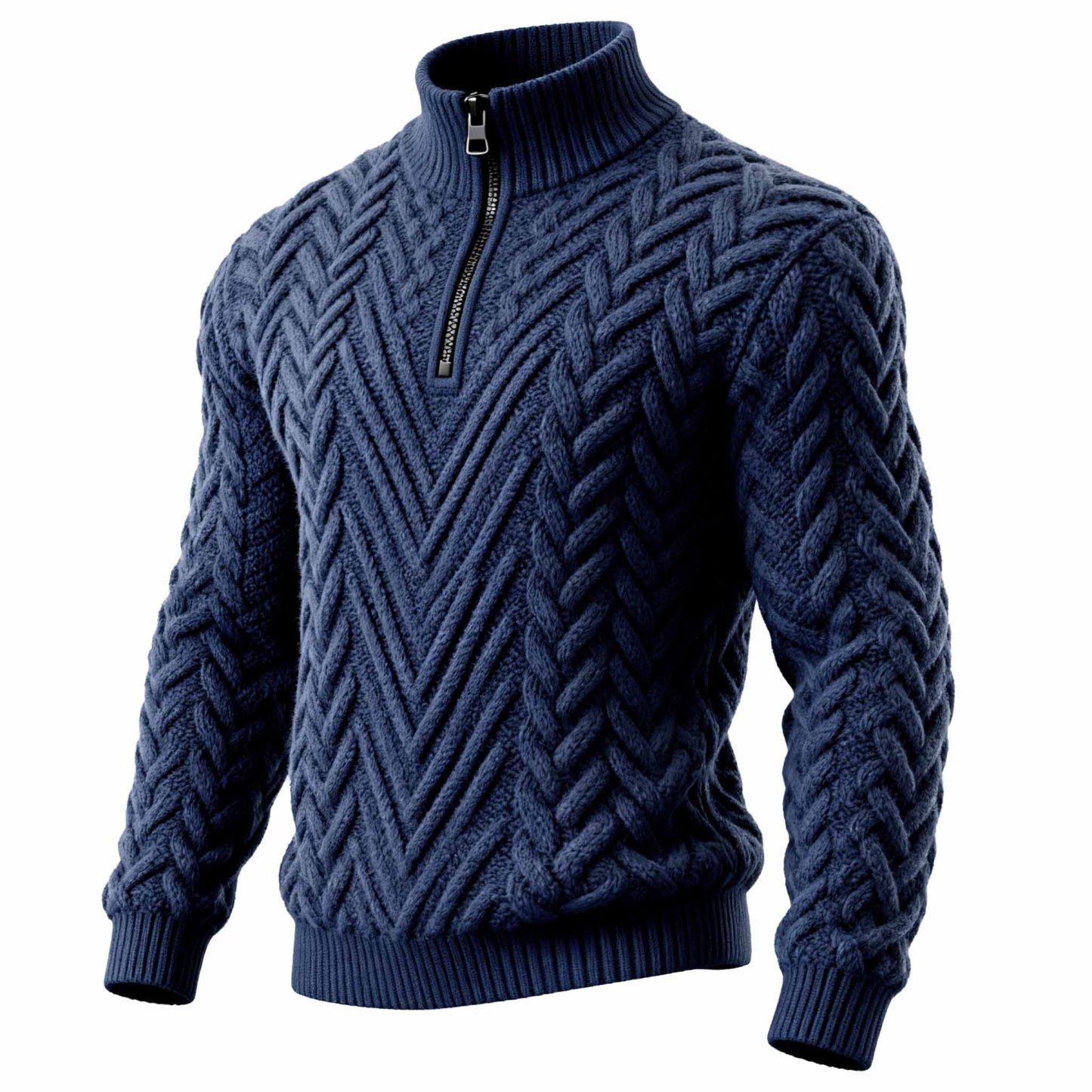 Men's Vintage Navy Blue Cable Knit Sweater With Half-Zipper-Unitsen