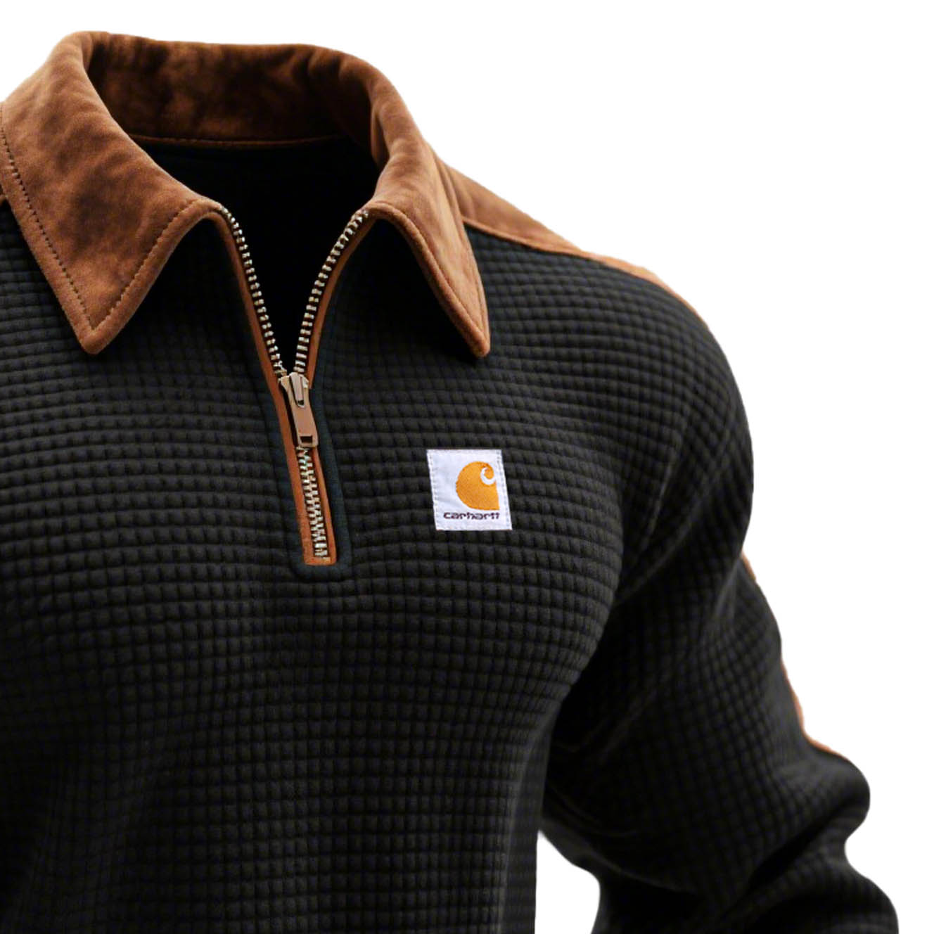 Men's Vintage Waffle Quilted Panel Suede Trim Quarter Zip Lapel Sweatshirt-Unitsen