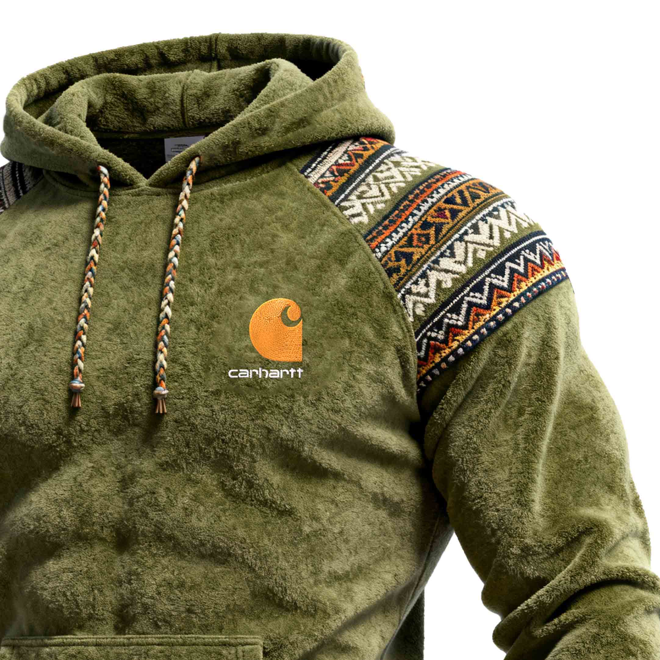 Men's Vintage Embroidered Olive Green Fleece Ethnic Aztec Hoodie-Unitsen