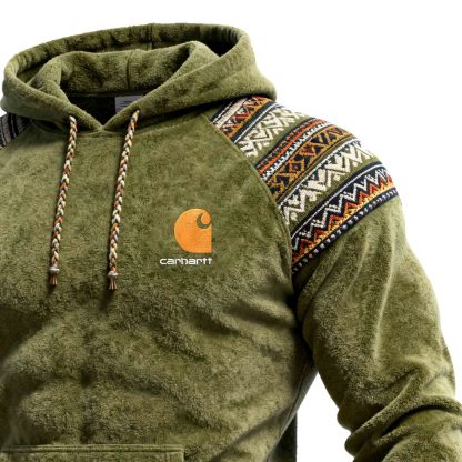Men's Vintage Embroidered Olive Green Fleece Ethnic Aztec Hoodie-Unitsen