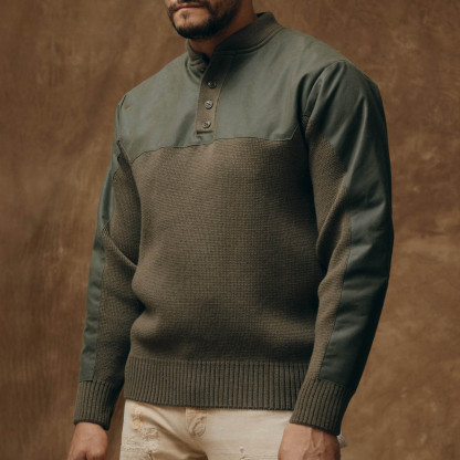 Men's Vintage Army Green Paneled Knit Henley Sweater-Unitsen