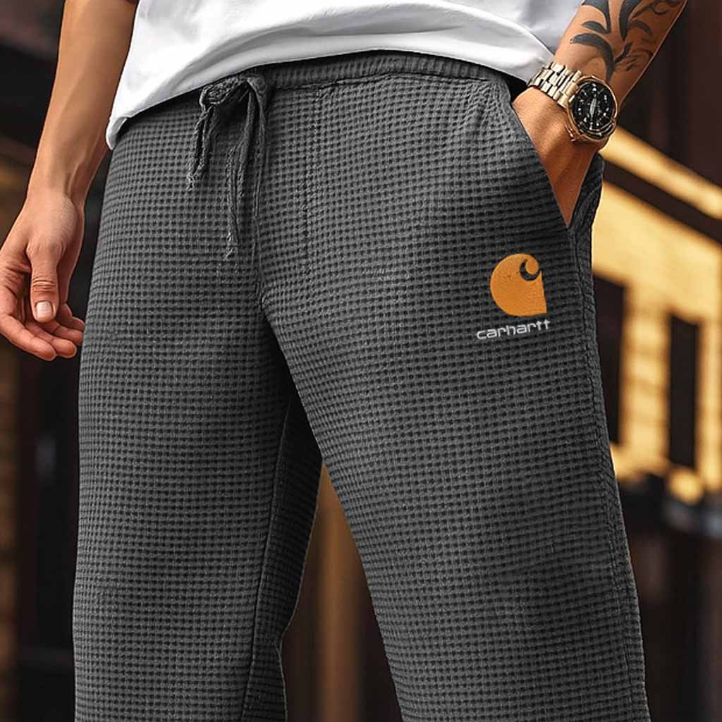 Men's Vintage Waffle Knit Embroidery Drawstring Waist Sweatpants-Unitsen