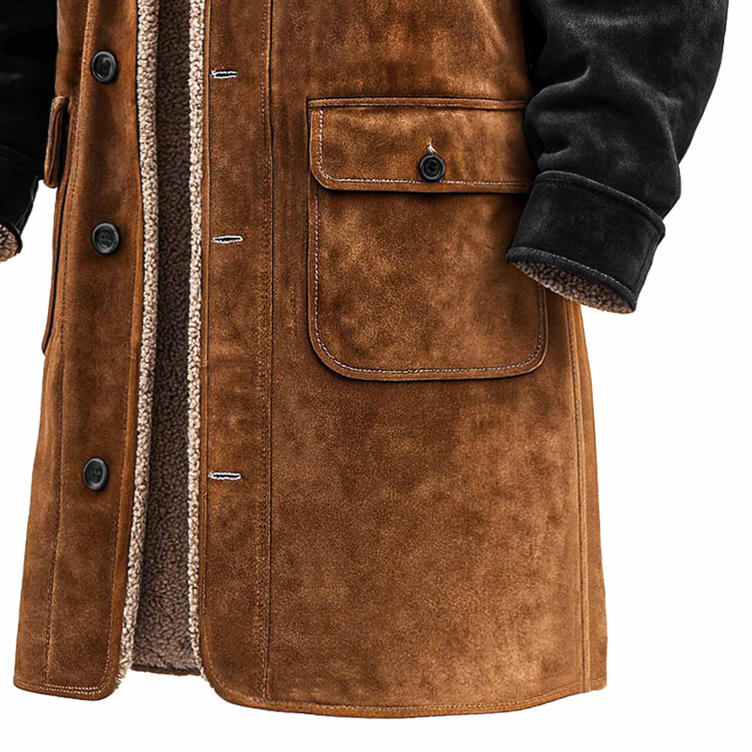 Men's Vintage Zipper Pocket Black And Brown Suede Fur Jacket Shearling Coat-Unitsen