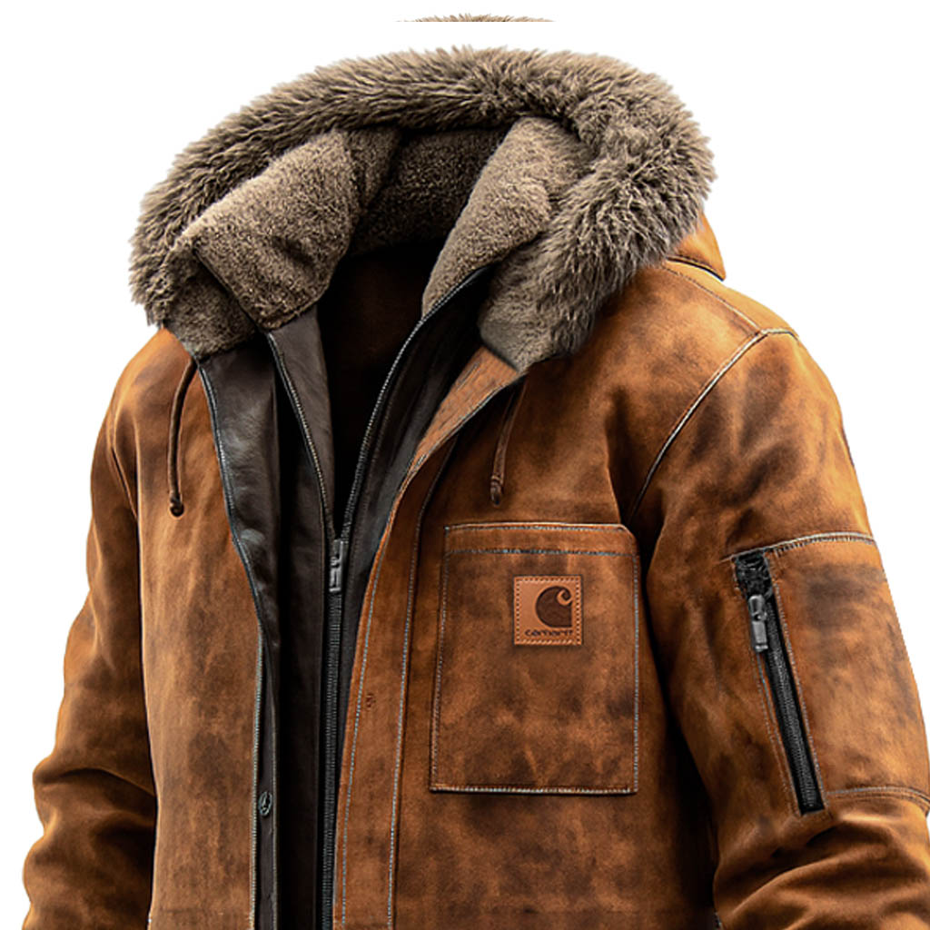 Carhartt Men's Vintage Brown Suede Fleece Double-Collar Hooded Jacket Coat-Unitsen