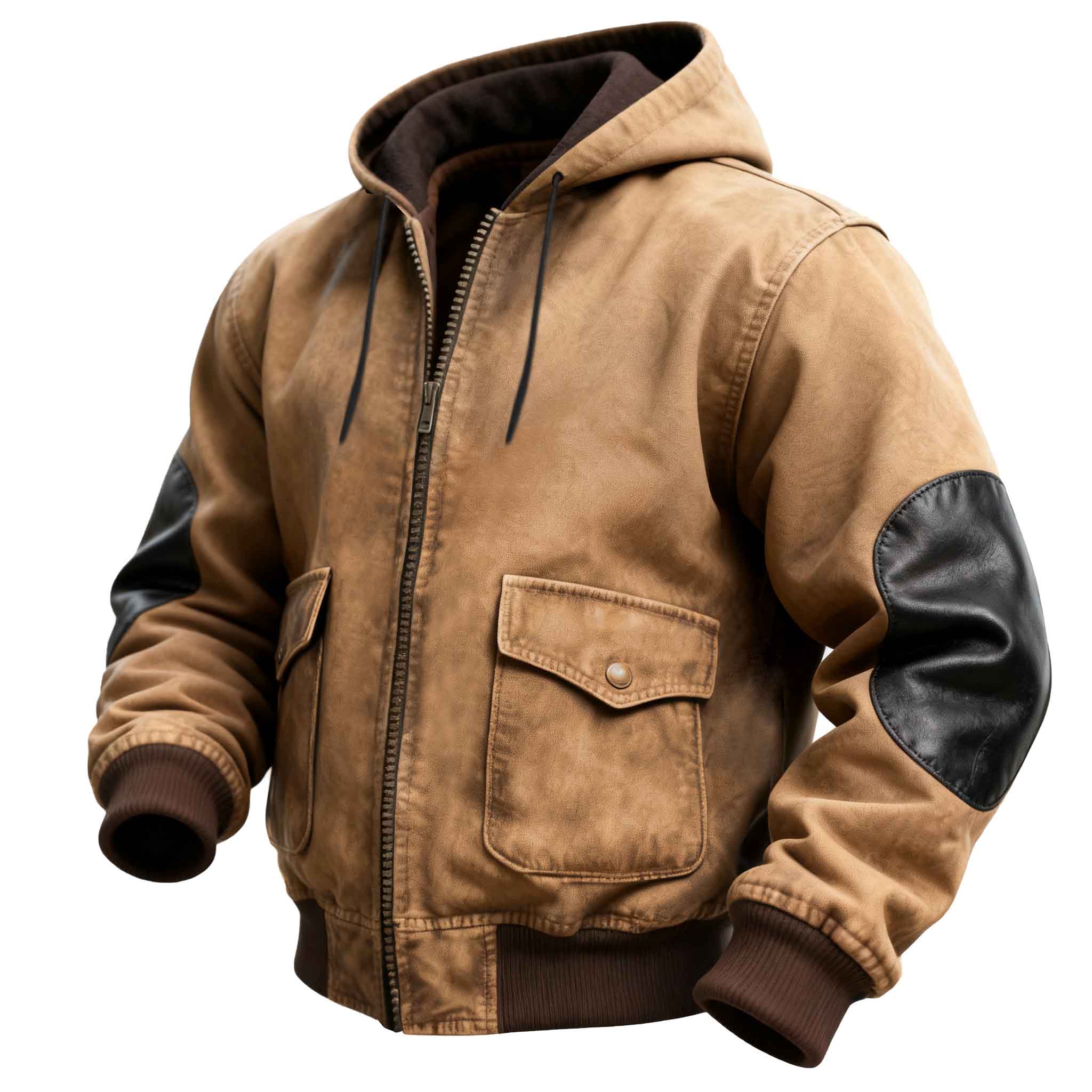 Men's Vintage Khaki Leather Elbow Patches Hooded Jacket-Unitsen