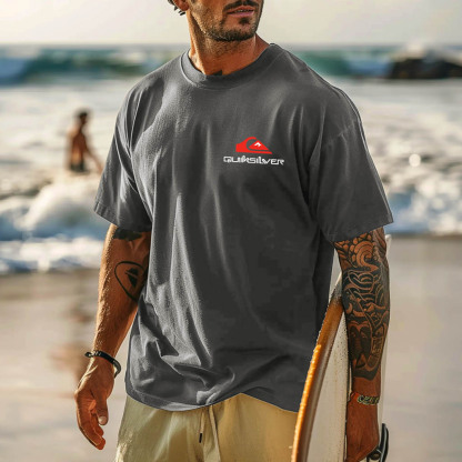 Quiksilver Men's Vintage Surfing Graphic Print Dark Gray Cotton Short Sleeve T-Shirt-Unitsen