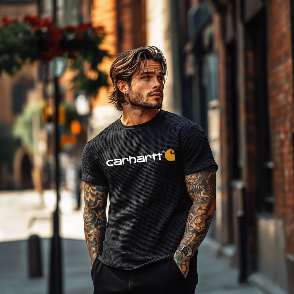 Men's Vintage Black Waffle Knit Surf Short Sleeve Crew Neck T-Shirt-Unitsen