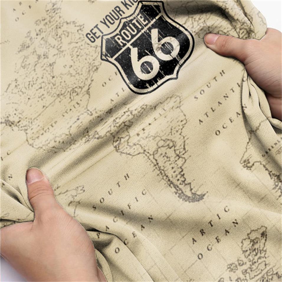 Men's Vintage World Map Route 66 Lace-Up Stand Collar T-Shirt-Unitsen