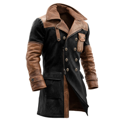 Men's Vintage Black And Brown Leather Contrast Double-Breasted Lapel Coat-Unitsen