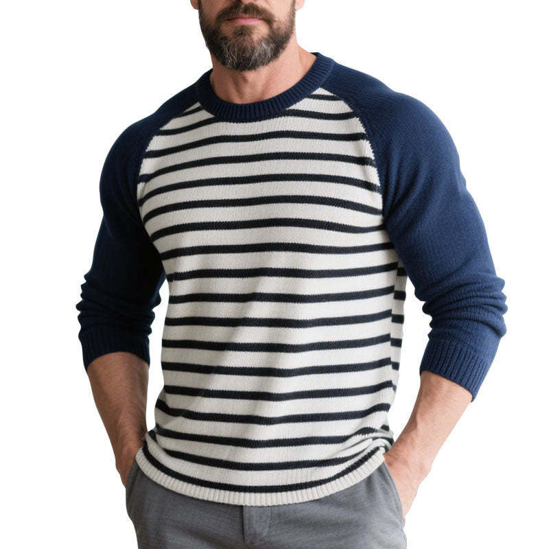 Men's Striped Crew Neck Long Sleeve Raglan Sweater-Unitsen