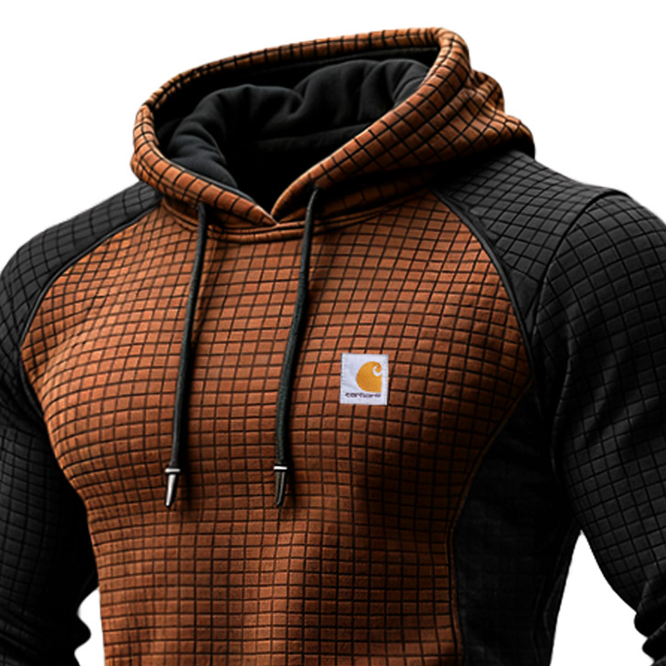 Men's Vintage Quilted Waffle Plaid Brown And Black Hoodie-Unitsen