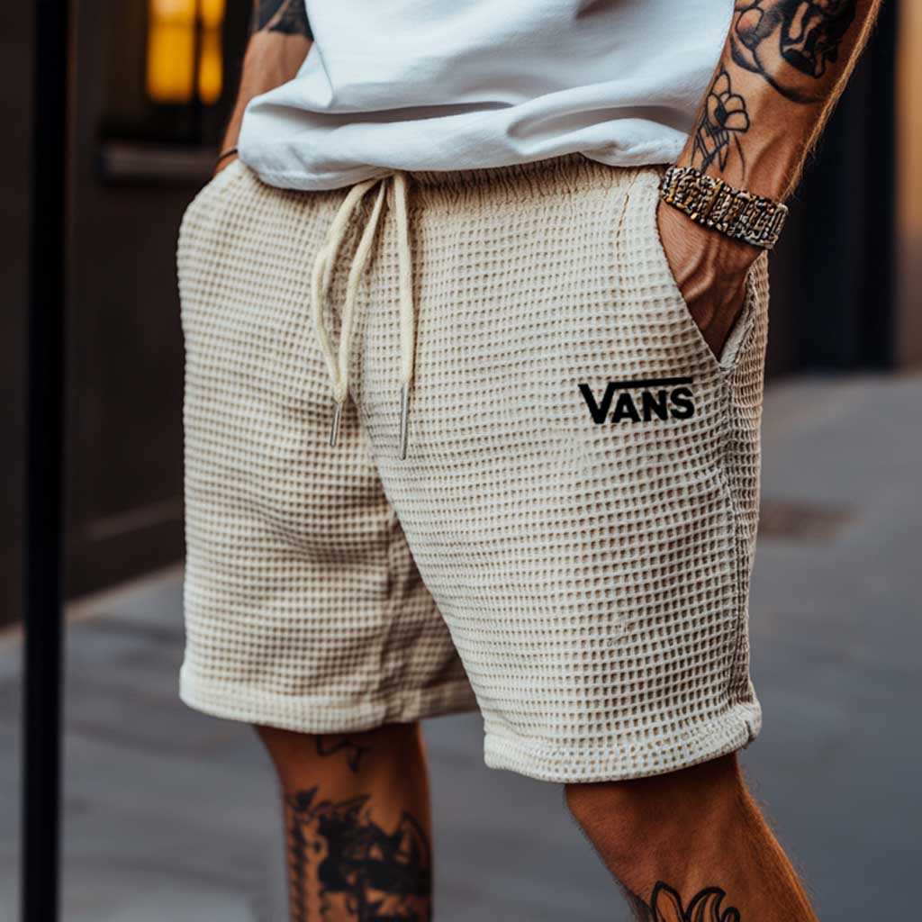 Vans Men's Vintage Waffle Knit Beige Elastic Drawstring Board Surf Shorts-Unitsen
