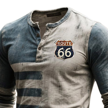 Men's Vintage Route 66 Striped Henley Long Sleeve T-Shirt-Unitsen