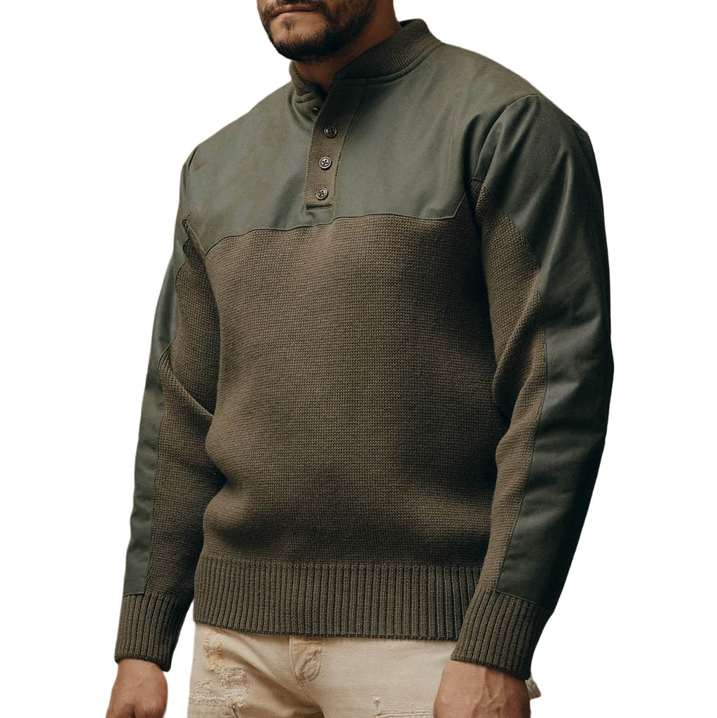 Men's Vintage Army Green Paneled Knit Henley Sweater-Unitsen