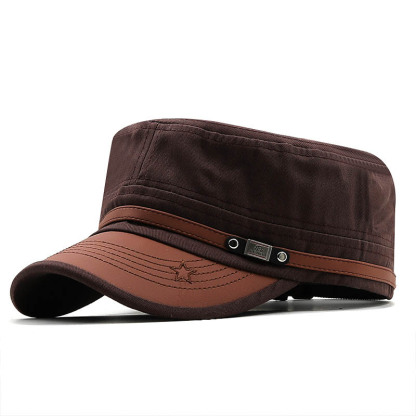 Men's Flat-top Leather Peaked Cap Military Cap Casual Sun Hat-Unitsen